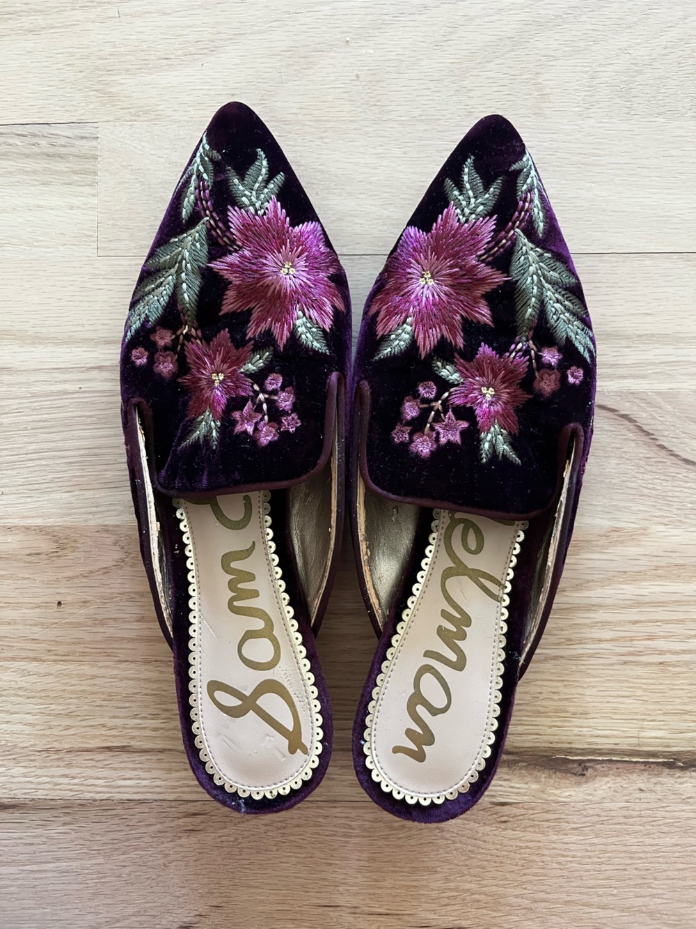 Sam Edelman Purple Velvet Floral Embroidered Slip-On Mules, size 8